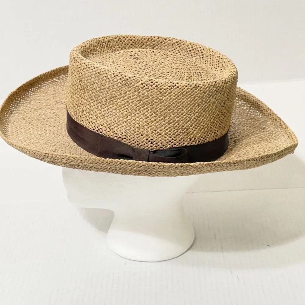 Henschel Hat Co Seagrass Gambler Hat w Fabric Band Sz M Underwelt Brim Made USA